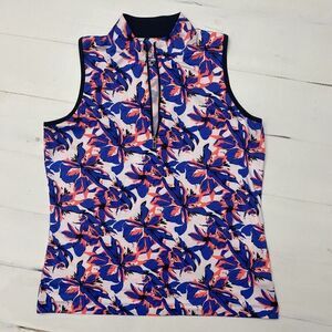 Ladies TAIL Neon Coral Blue Floral Flares Sleeveless Golf Shirt Medium *Zip Flaw